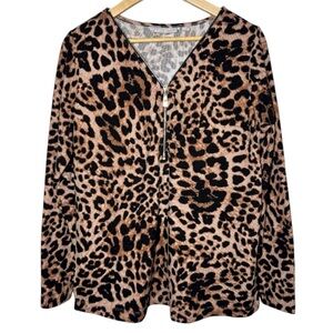 Belle Kim Gravel Top Blouse Women Large Leopard Print Long Sleeve Zipper Mobwife